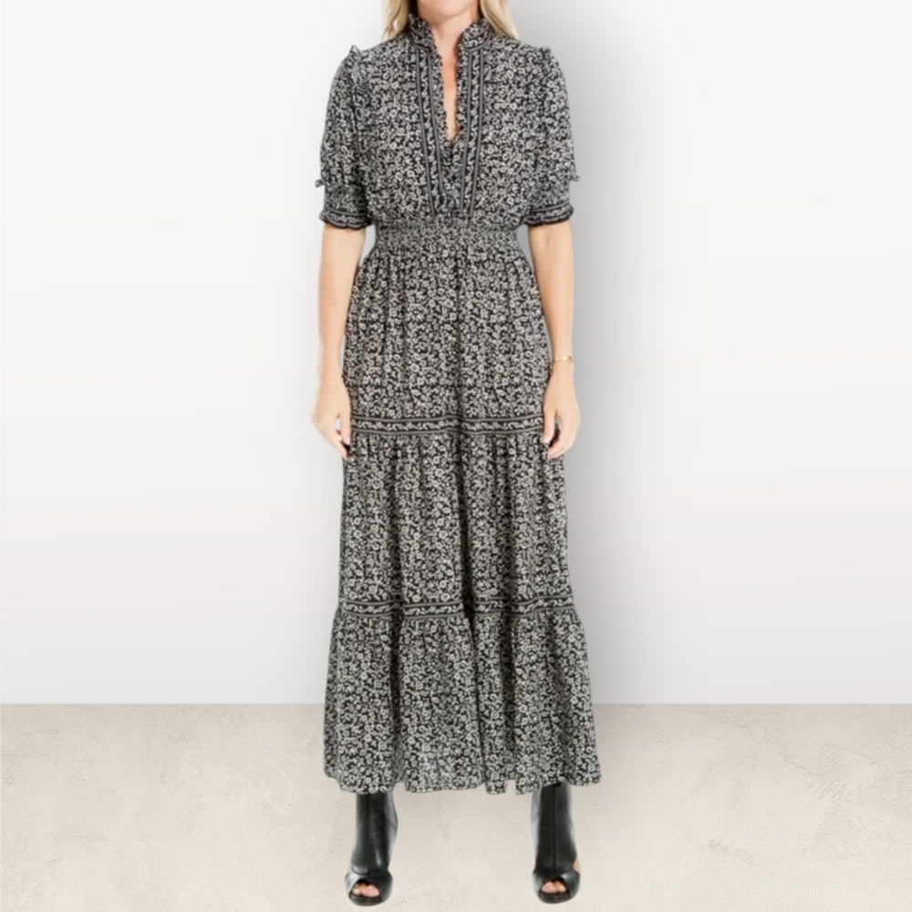 Max Studio Floral Short Sleeve Tiered Maxi Dress | S